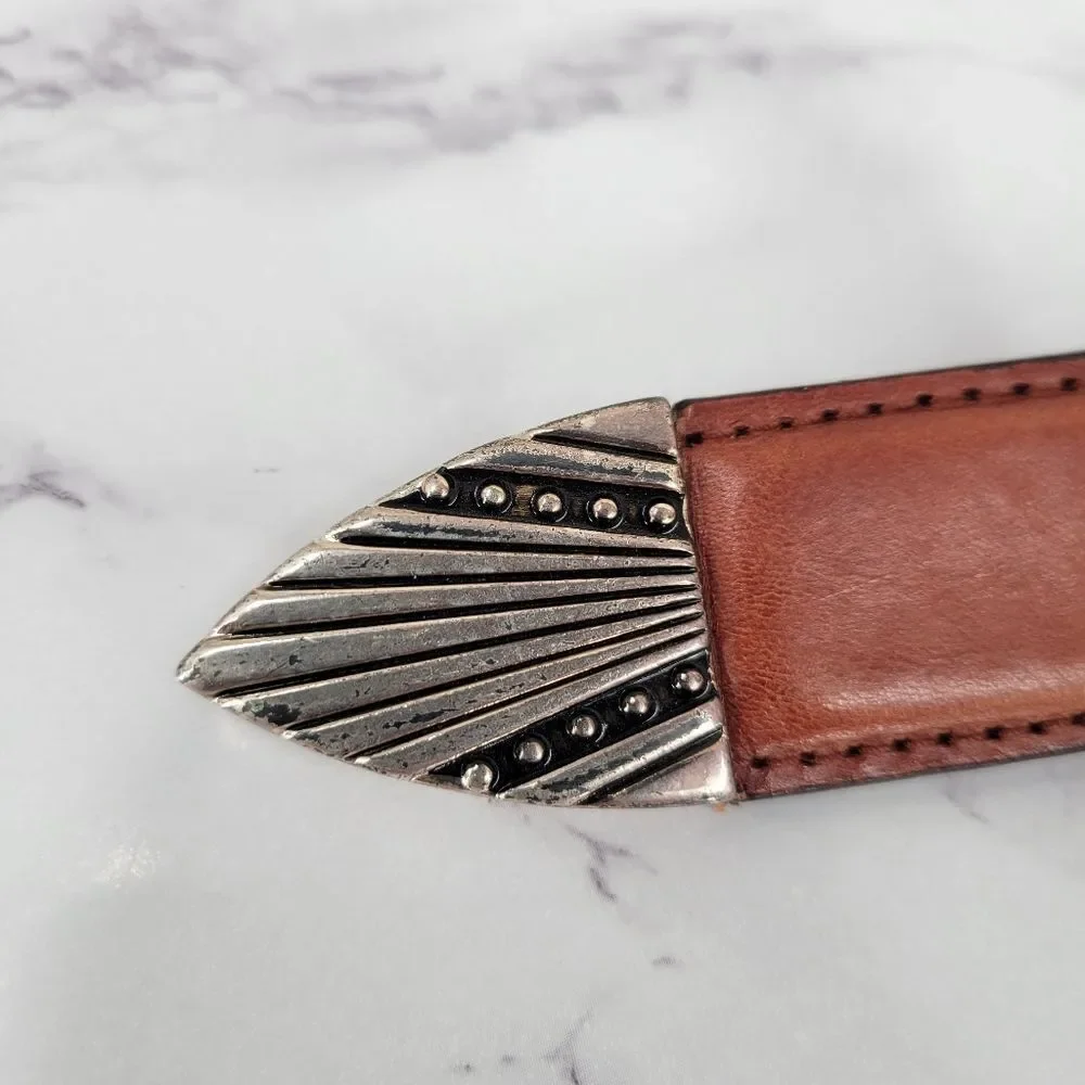 Brown Leather Interlock Tab Belt with Silver Toned Aztec Buckle